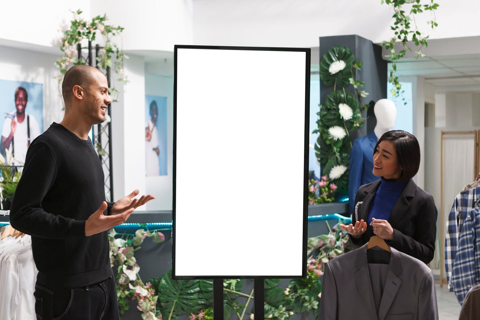 Clothing store worker and client discussing clothing brand collection while standing near ads whiteboard mockup. Boutique consultant using digital display to show apparel options to customer