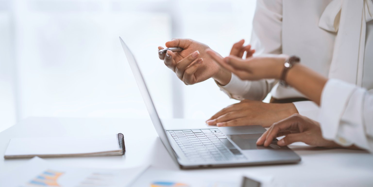 Female hands on laptop keyboard. Woman using laptop computer in office. Technology, business, distance studying, student lifestyle, meeting online, learning, internet marketing concept